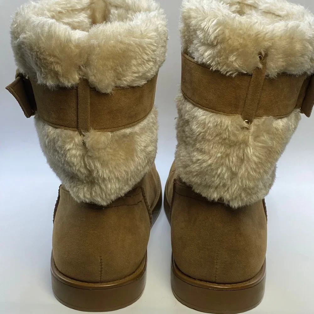 Guess Cozy Tan Faux Fur Buckle Detail Winter Boots Mid Calf Y2K Booties - 8